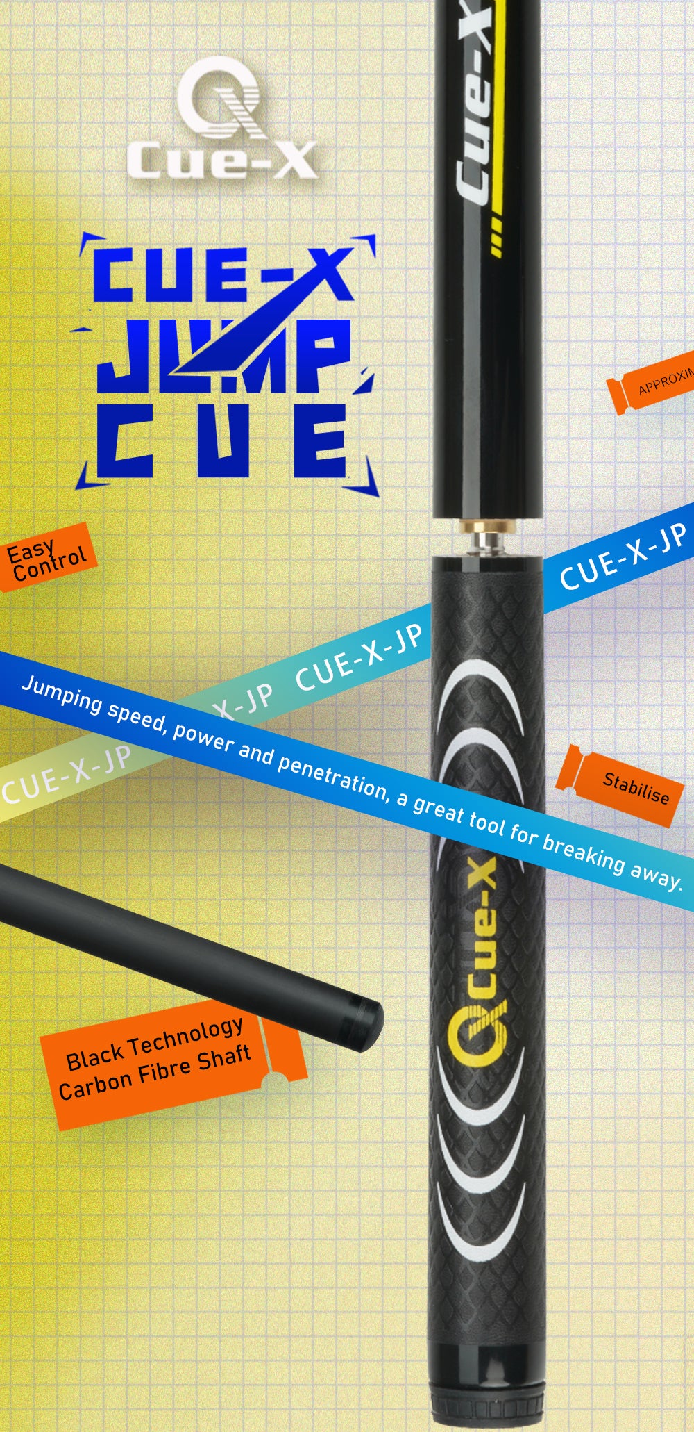 CUE-X-HQ-JP Cue 47.6" Challenge Carbon Energy Jump Ball Arm Pool Cue Stick 13.8mm Carbon Fiber Billiard Black Technology Jump Cue