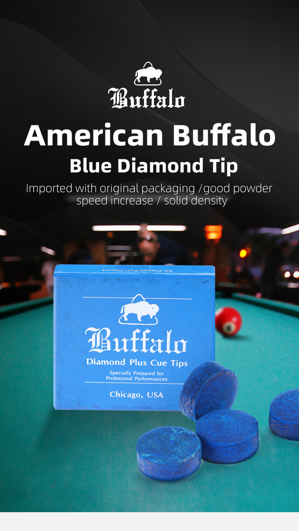 Original USA Buffalo Snooker Tips 11mm 13mm Medium Blue Diamond Plus Tips Blue Leather Tips Carom Pool Billiard Accessories