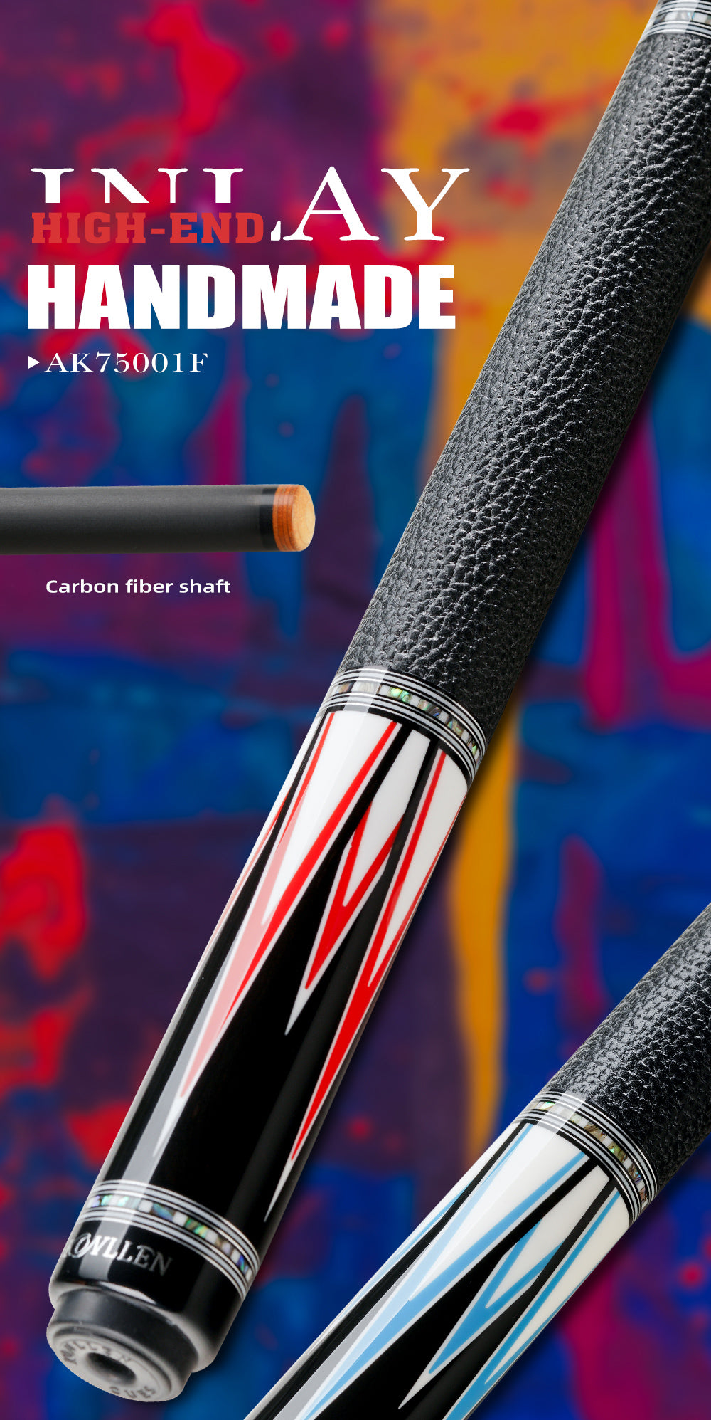 KONLLEN-Upgrade Carbon Fiber Pool Cue Stick, Real Inlay Billiard Cue, 12.5mm Tip, Low Deflection Technology, Shaft Abalone