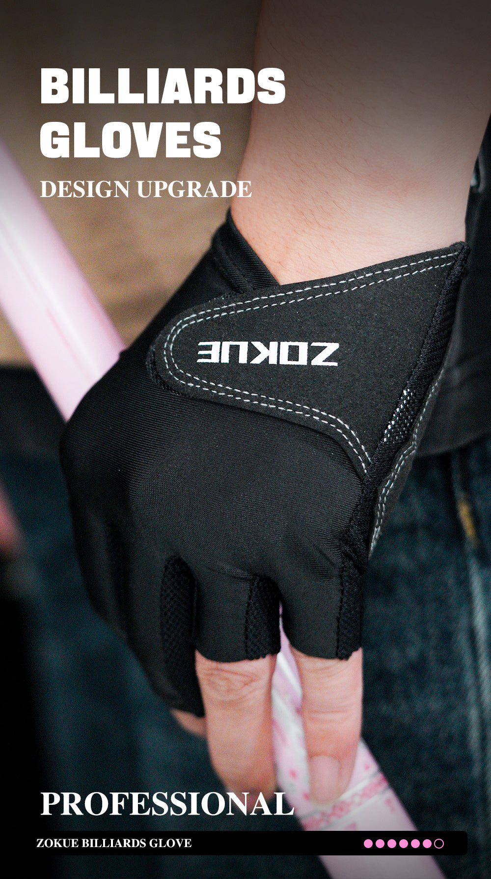 ZOKUE Glove Left Hand Medium Pink/Black High Quality Ballteck Korea Carom Glove 3 Fingers Professional Pool Glove Billiard Accessories