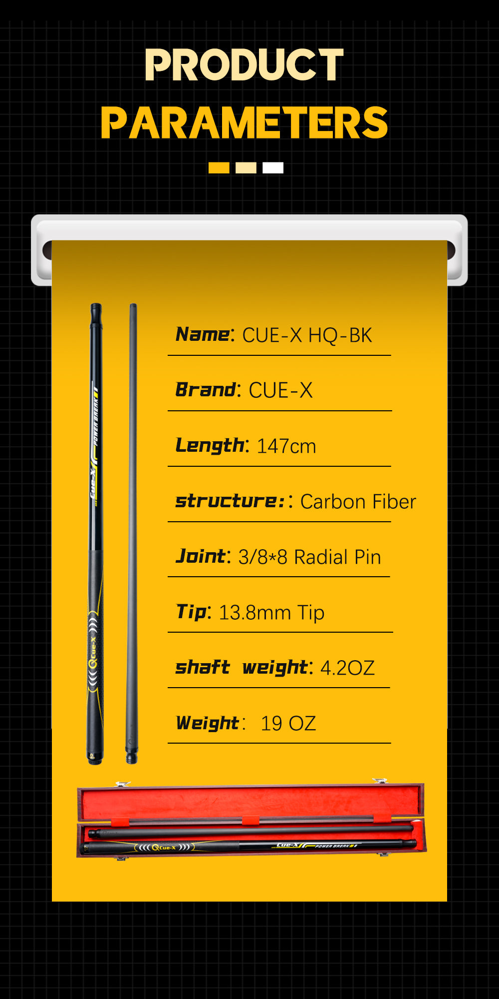 KONLLEN Cue-X-BK Billiard Cue Stick Carbon Fiber Shaft Punch Cue 13mm Bakelite Tip 3/8*8 Radial Pin Joint 58" Stick Pool Cue