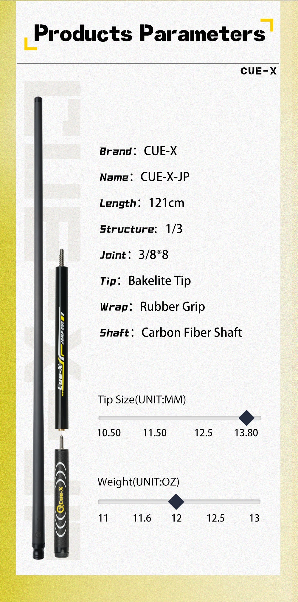 CUE-X-HQ-JP Cue 47.6" Challenge Carbon Energy Jump Ball Arm Pool Cue Stick 13.8mm Carbon Fiber Billiard Black Technology Jump Cue