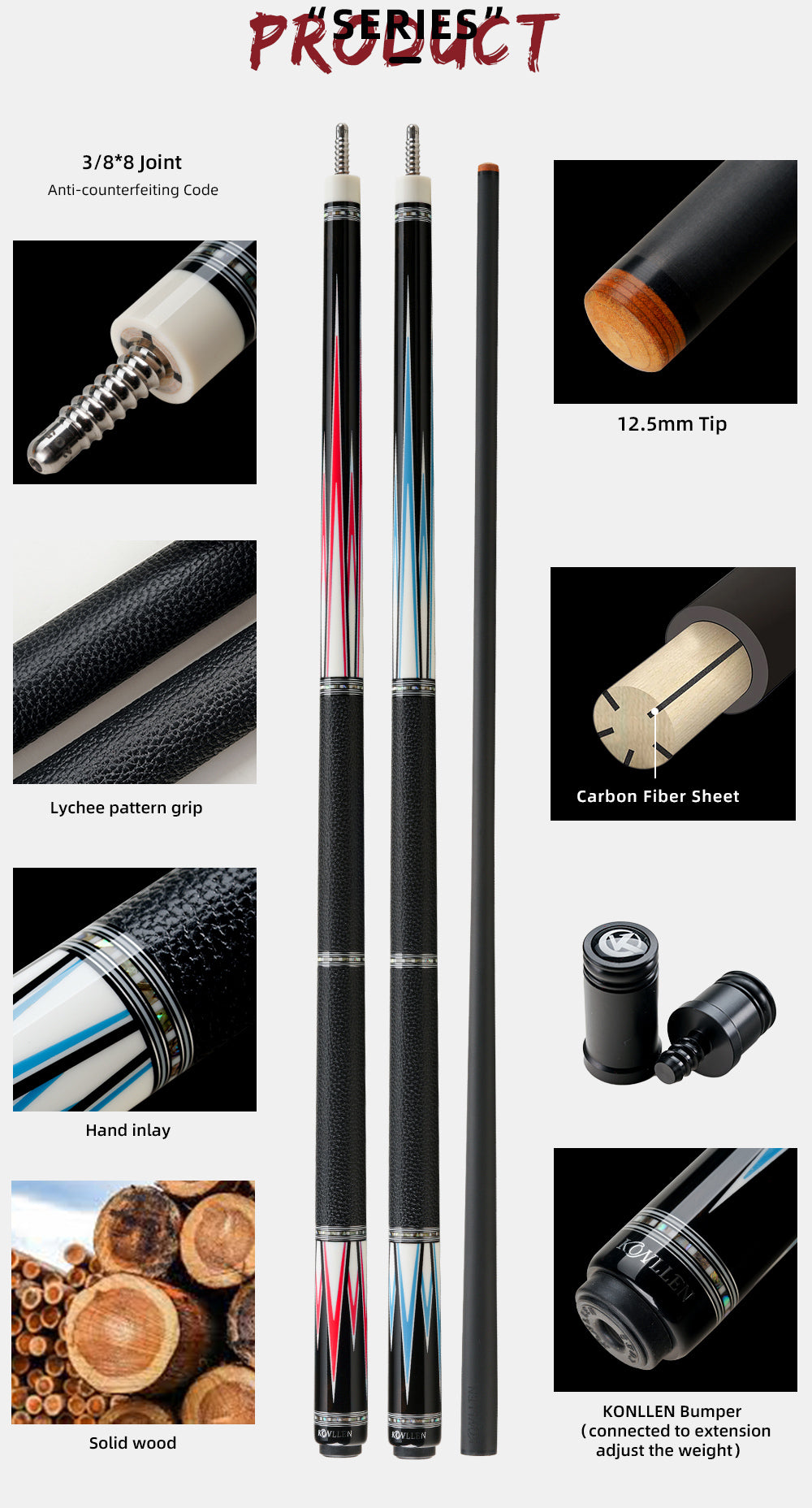 KONLLEN-Upgrade Carbon Fiber Pool Cue Stick, Real Inlay Billiard Cue, 12.5mm Tip, Low Deflection Technology, Shaft Abalone