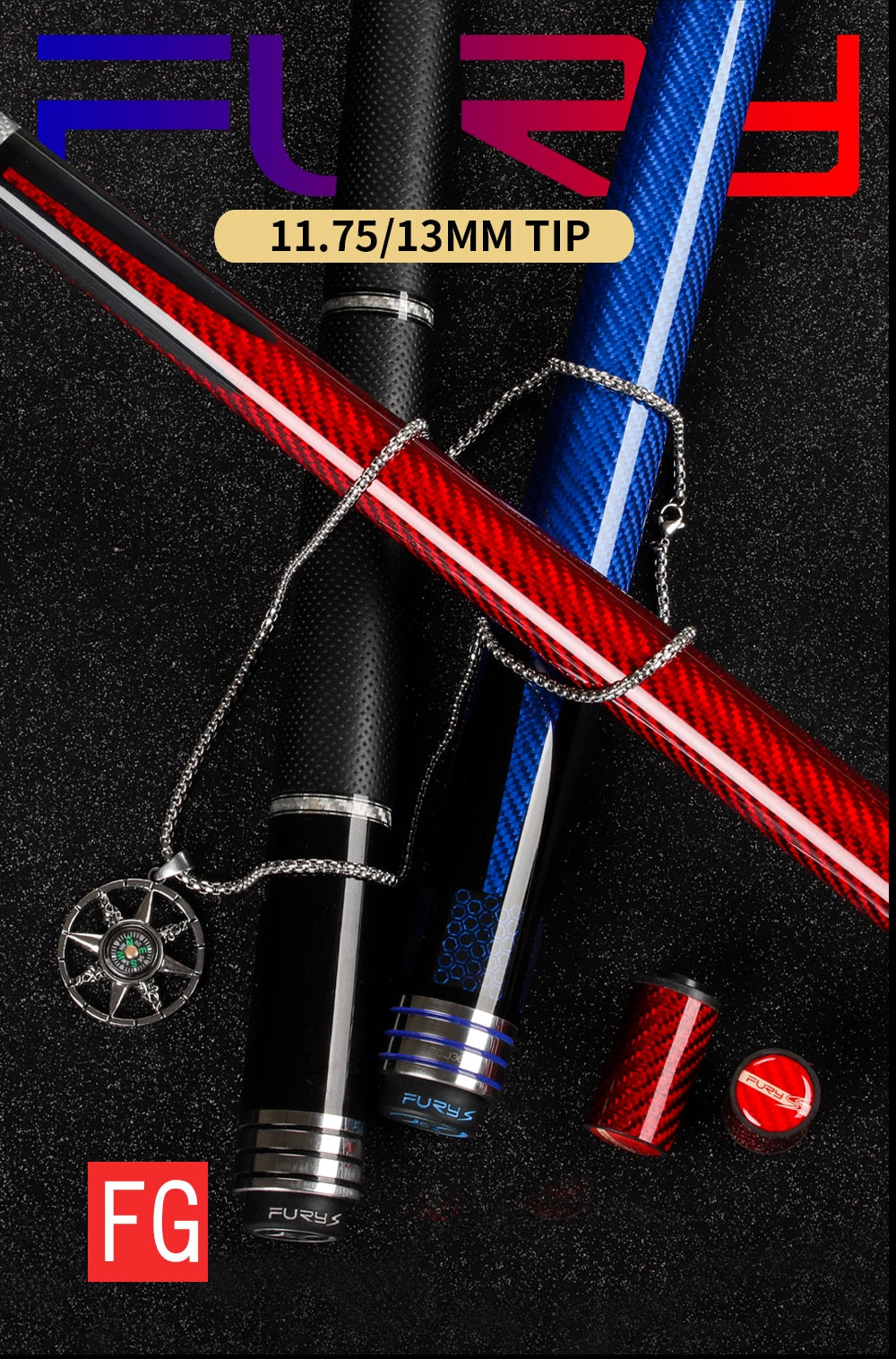 FURY FG Billiard Pool Cue Stick 11.75mm/13mm Tip Carbon Fiber Braided Grip Billiard Cue Stick Kit for Professional Athlete