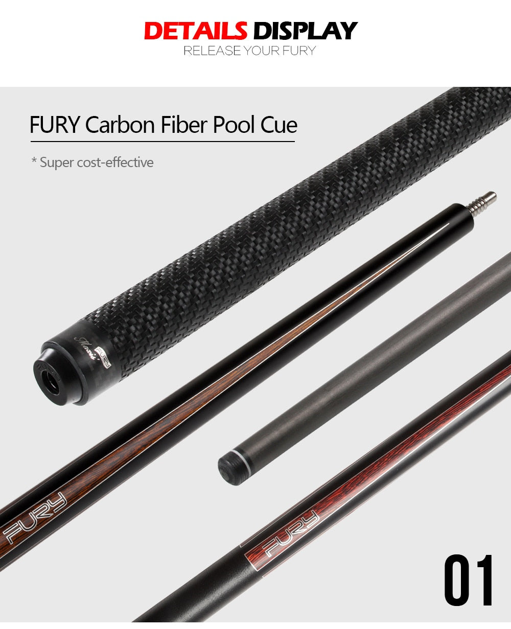 FURY CFP Billiard Black Technology Pool Cue 12.5mm/12.8mm SS Kamui Tip PAS Carbon Fiber Shaft Professional Billar Stick Kit