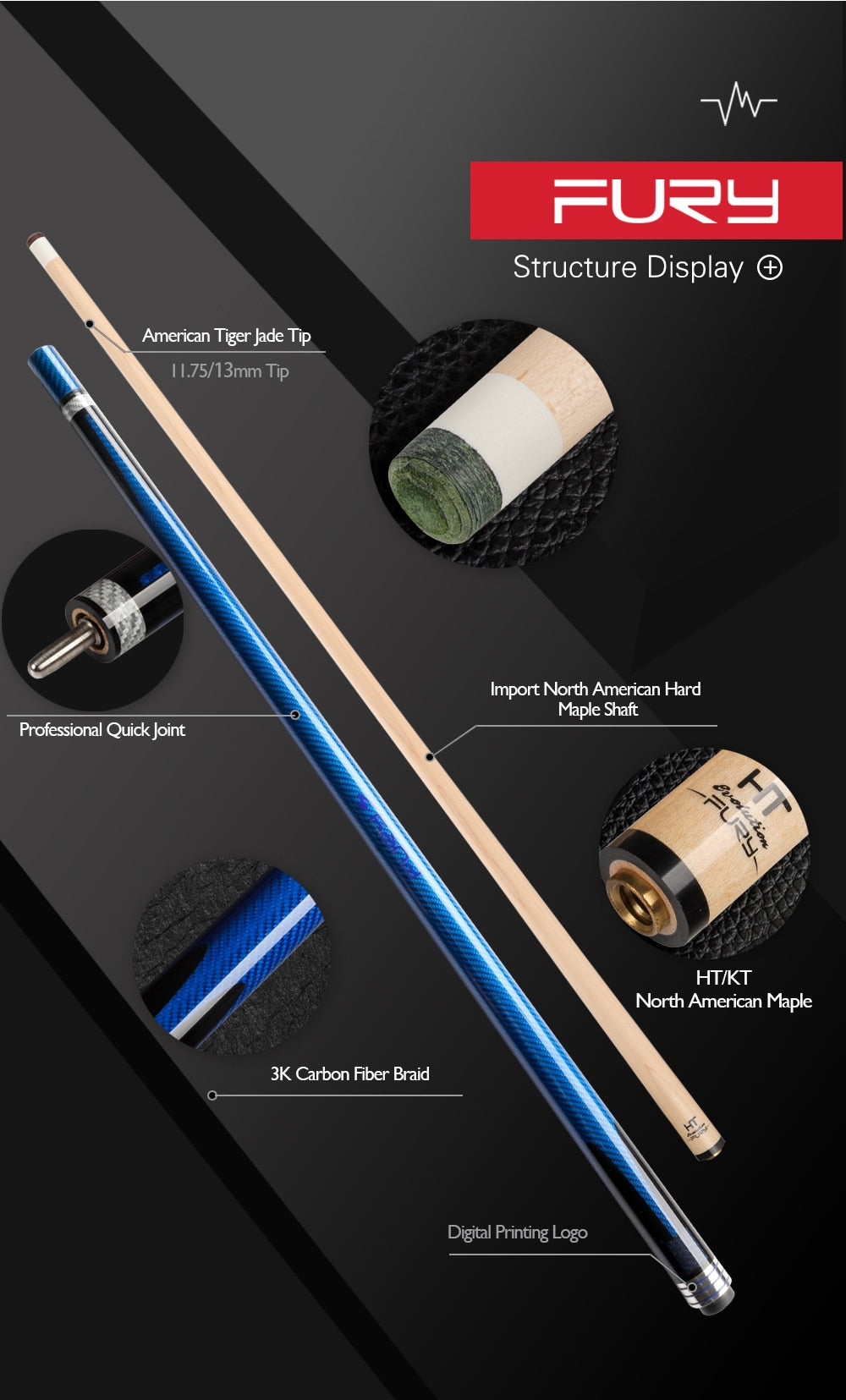 FURY FG Billiard Pool Cue Stick 11.75mm/13mm Tip Carbon Fiber Braided Grip Billiard Cue Stick Kit for Professional Athlete