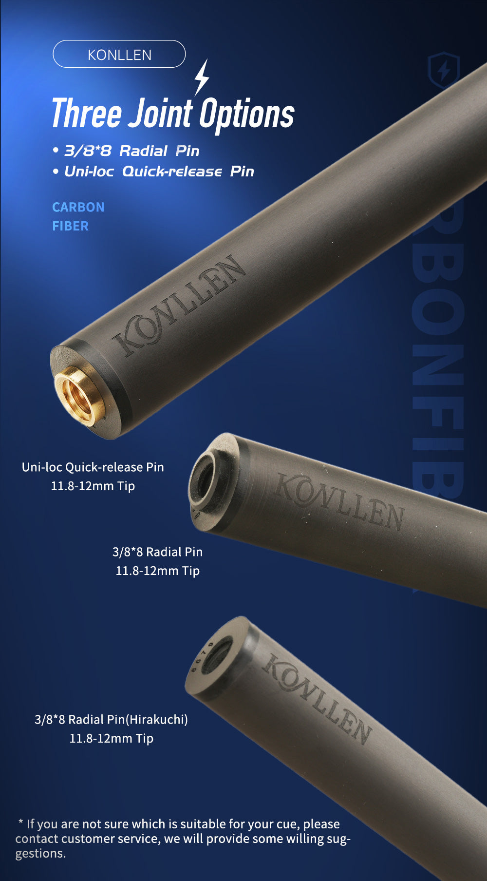 KONLLEN new Billiard Carbon Fiber 3 Cushion Carom/Libre Cue Stick Shaft Uni-loc /Radial 3/8*8 Pin Joint Single Shaft for PERI