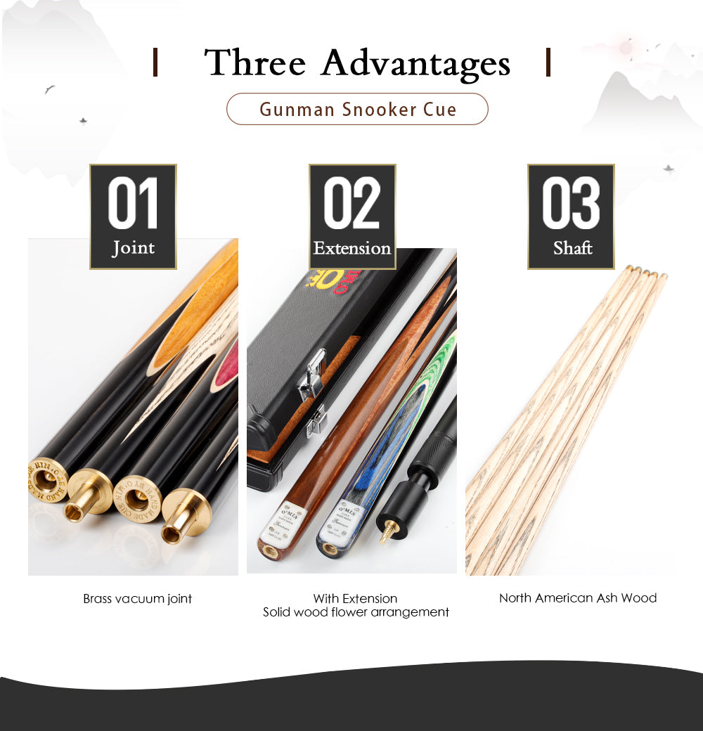 O'MIN GUNMAN Snooker Cue 3/4 Piece Snooker Cue Kit with O'MIN Case with Telescopic Extension 9.5mm 10mm Tip Snooker Stick Kit