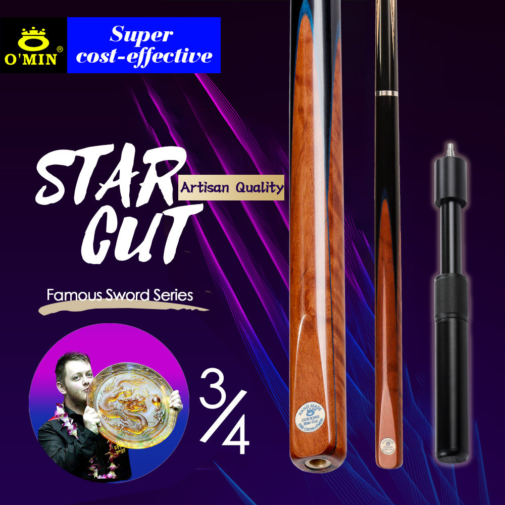 O'MIN STAR CUT 3/4 Snooker Cues Litchi wood Butt 9.5mm Tip Case Professional with Extension Billiard Cue Ash shaft For Black 8