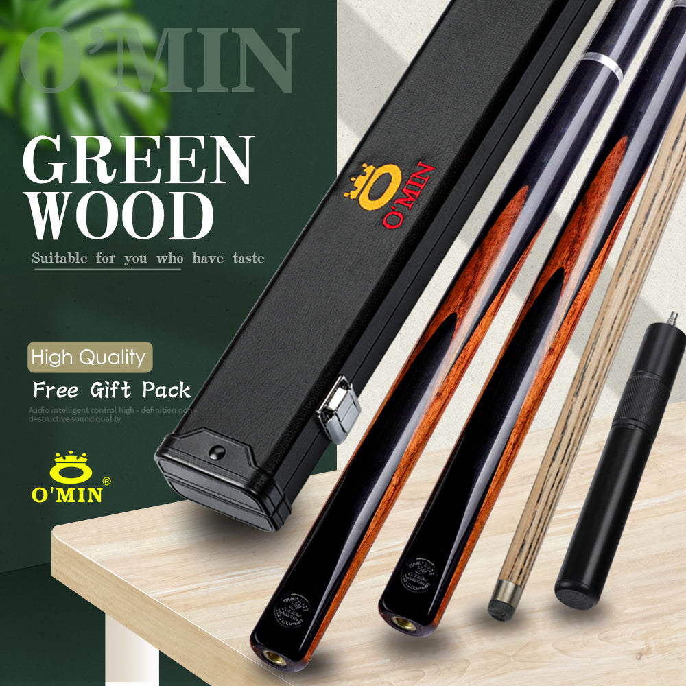 O'MIN Green Wood 3/4 Snooker Cues 9.5mm Tip Green Heart Wood Butt Ash shaft with Case with Extension For Black 8 Billiard Cue