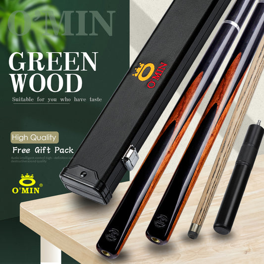 O'MIN Green Wood 3/4 Snooker Cues 9.5mm Tip Green Heart Wood Butt Ash shaft with Case with Extension For Black 8 Billiard Cue
