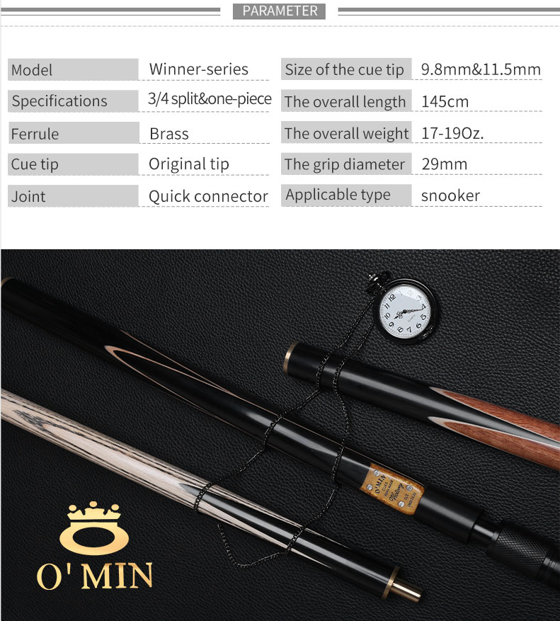 O'MIN VICTORY Snooker Cue 3/4 قطعة طقم عصا السنوكر مع جراب O'MIN مع تمديد تلسكوبي 9.0 مللي متر / 9.8 مللي متر طرف عصا مع هدايا