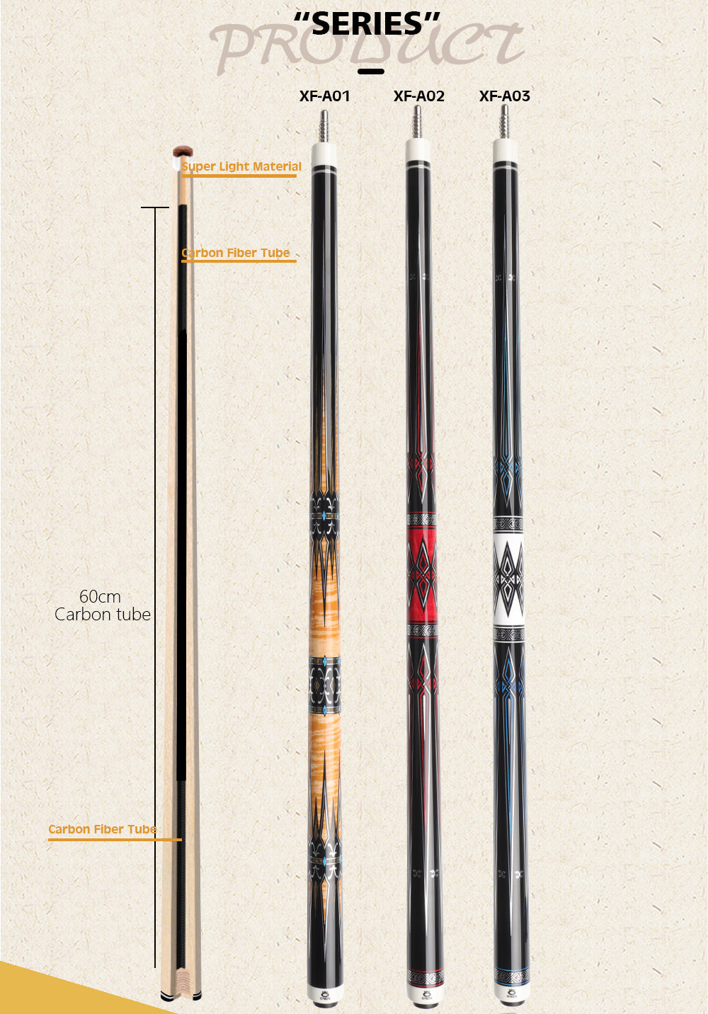 OMIN XF-A1-3 Pool Cue Billiard Stick Kit with Extension Shaft with Carbon Tube 55cm 12.8mm Tip Maple Adjustable Weigh Bolt