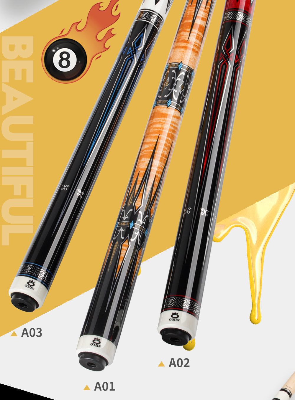 OMIN XF-A1-3 Pool Cue Billiard Stick Kit with Extension Shaft with Carbon Tube 55cm 12.8mm Tip Maple Adjustable Weigh Bolt